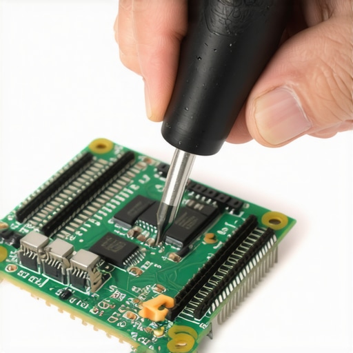 Precision Maintenance with a Torque Driver A hand using a torque screwdriver on a workstation PC component for even pressure.