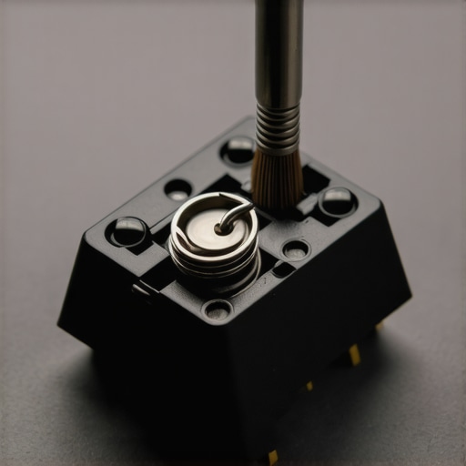 Precision Mechanical Switch Lubrication A detailed close-up of a custom mechanical keyboard switch being carefully lubricated to silence key chatter and metallic pinging.