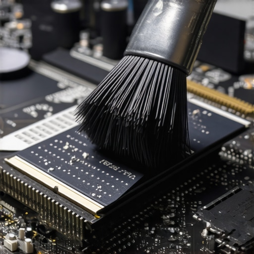 A small brush removing dust from the fins of a computer SSD heatsink.