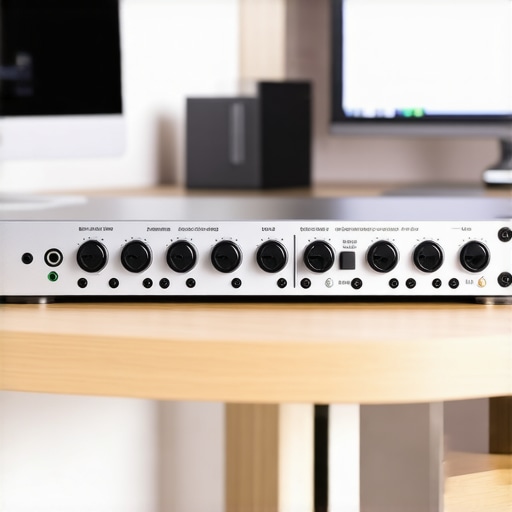 Professional Audio Interface Setup Close up of a dedicated external audio interface for a professional workstation.