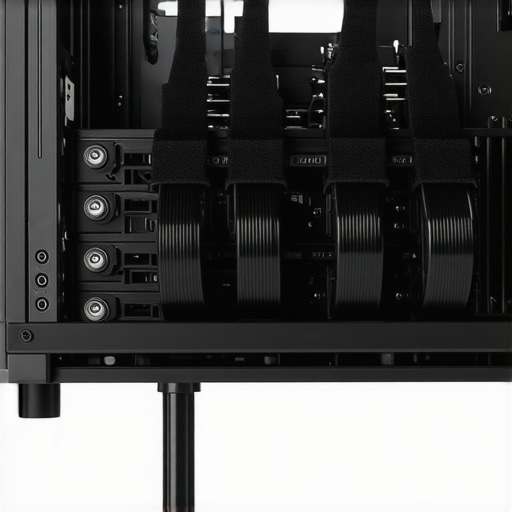 High-end PC case interior showing neat cable management through rubber grommets and velcro straps.