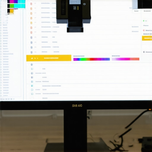 A professional 4K monitor being calibrated with a hardware colorimeter tool.