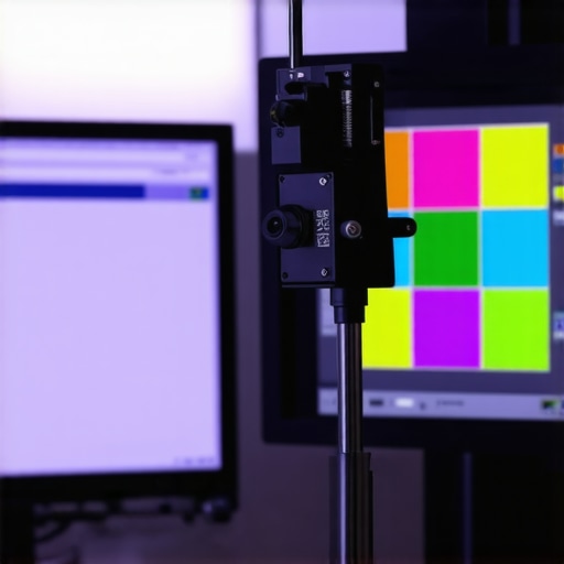Professional Color Calibration Setup A hardware colorimeter tool measuring a monitor screen for color accuracy in a dark room.