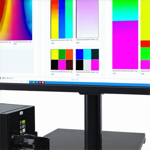 Professional Hardware Calibration for Workstation Monitors A colorimeter calibrating a professional 4K monitor for color accuracy in a creative workspace.