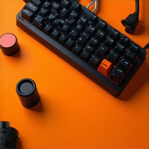 Professional Keyboard Maintenance Setup A close up of a mechanical keyboard and maintenance tools on a modern desk.