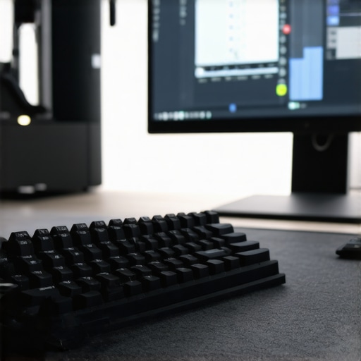 Professional Keyboard Setup on Acoustic Desk Mat A mechanical keyboard on a felt desk mat to show how desk surfaces affect acoustic resonance.