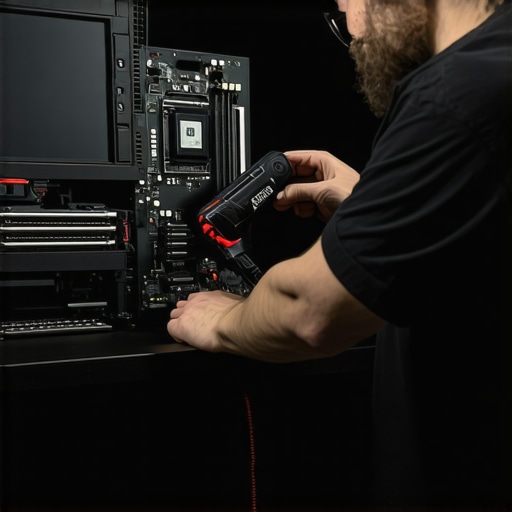 Professional Maintenance of an Open-Air Workstation Using an electric duster on an open-air PC test bench for maintenance.