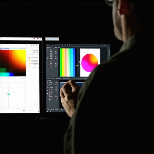 Professional Monitor Calibration Process Close-up of a colorimeter being used on a high-end professional workstation monitor.