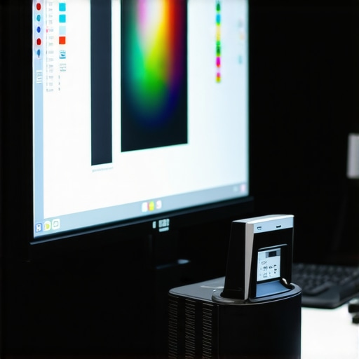 Professional Monitor Calibration Process A colorimeter calibrating a professional monitor in a controlled lighting environment.
