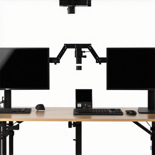 Professional Monitor Calibration Setup High-end workstation with monitor arms and color calibration tools to prevent color shift.