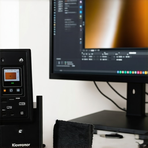 Professional Monitor Calibration Setup A hardware colorimeter mounted on a professional workstation monitor for color accuracy calibration.