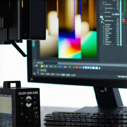 Professional Monitor Calibration Setup A colorimeter calibrating a professional monitor with a light-shielding hood in a workstation environment.