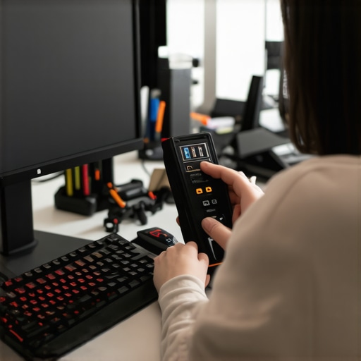 Professional Monitor Calibration for Color Accuracy Person calibrating a professional monitor with a hardware colorimeter tool in a studio setup.