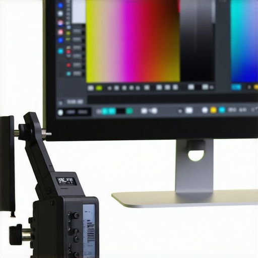 Professional Monitor Color Calibration Process A colorimeter device measuring the screen of a high-end professional workstation monitor.