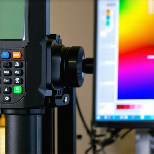 A hardware colorimeter tool calibrating a professional monitor for color accuracy.