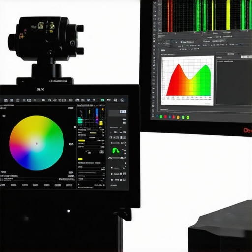 Professional Monitor Hardware Calibration A color calibrator tool attached to a high-end professional monitor for color accuracy.