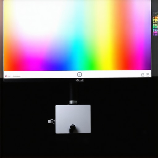 A hardware calibration device attached to a professional monitor in a studio setting