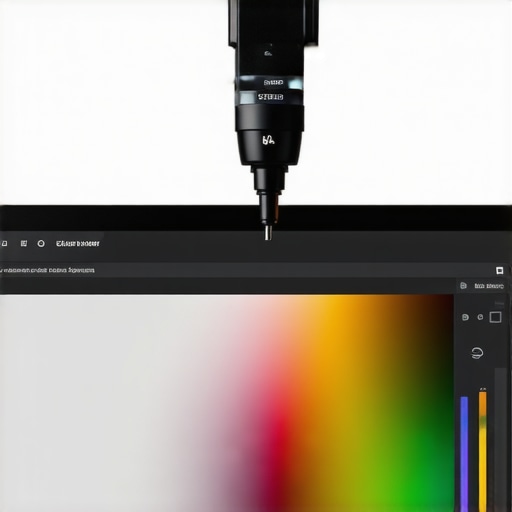 A colorimeter device calibrating a professional monitor in a dark editing studio.