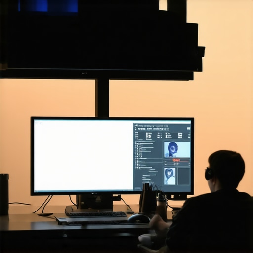 Professional Monitor Setup with Hood and Bias Lighting A monitor with a hood and bias lighting used in a professional workstation to reduce glare and improve color accuracy.