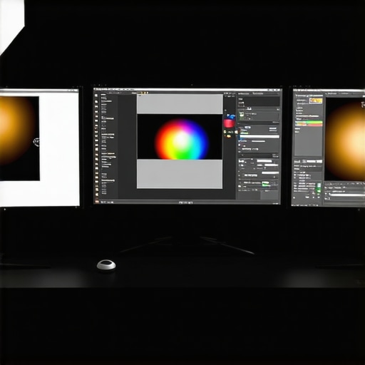 A hardware colorimeter calibrating a three-monitor workstation setup for professional color accuracy.