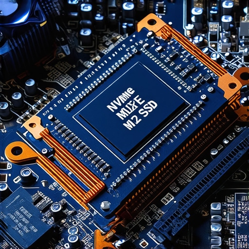 Professional NVMe Cooling Setup An NVMe SSD with a dedicated heatsink and thermal pads for video editing workstations.
