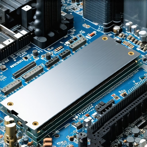 Professional NVMe SSD Heatsink Installation Close-up of a technician installing a high-performance NVMe SSD with a custom heatsink for a video editing workstation.