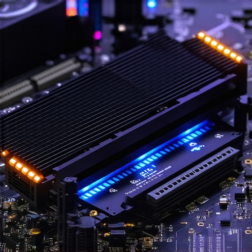 Professional NVMe SSD Thermal Management Close-up of a workstation NVMe SSD with a dedicated aluminum heatsink for thermal protection.