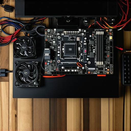 Professional Open-Air Test Bench Setup A top-down view of a workstation PC being built on an open-air test bench with high-end components and organized cabling.