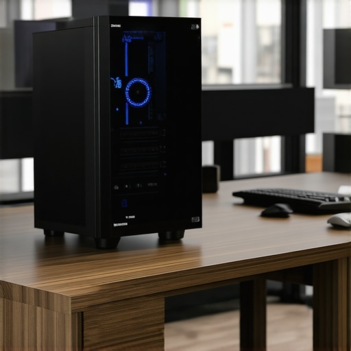 Professional PC Desk Riser Setup A workstation PC elevated on a desk riser to improve airflow and reduce dust intake.