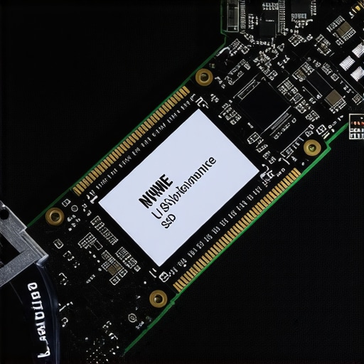 Professional SSD Maintenance and Inspection Close up of a high-end M.2 NVMe SSD being inspected for thermal pad application on a workstation workbench.