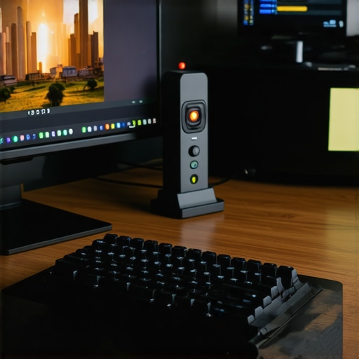 Professional Workstation Calibration and Maintenance Setup A colorimeter calibrating a professional monitor next to a high-end mechanical keyboard.