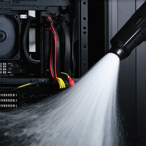 Professional Workstation Deep Cleaning An electric duster being used to clean a high-end PC workstation air cooler and fans.