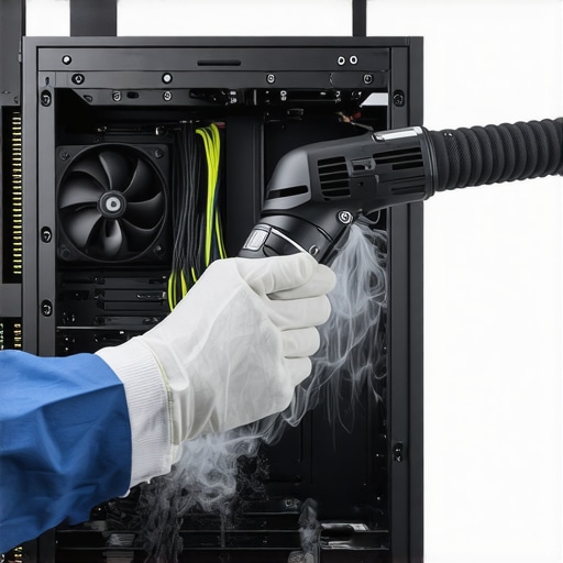 Technician using electric duster on a workstation PC radiator