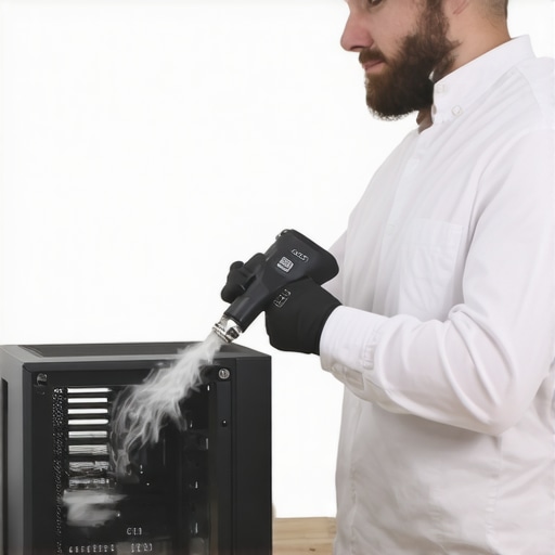 Professional Workstation Dusting Technique An electric duster being used to clean a mesh PC case for better cooling.