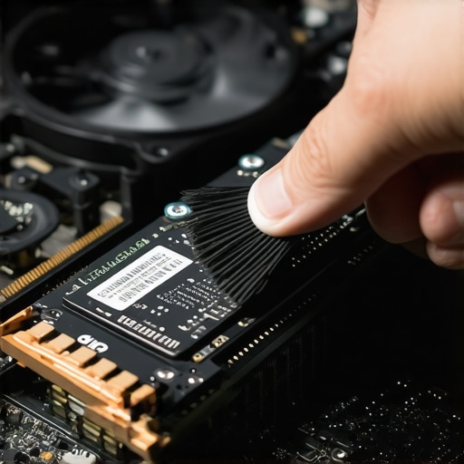 A hand cleaning a PC fan near an NVMe SSD heatsink inside a workstation