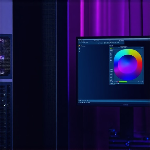 Close up of a professional air-cooled workstation and a monitor being calibrated for color accuracy.