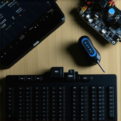 Close up of precision tools and monitoring software on a clean workstation desk