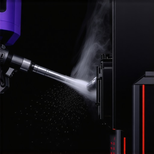 A tech expert cleaning a high-performance workstation PC and mechanical keyboard with an electric duster.