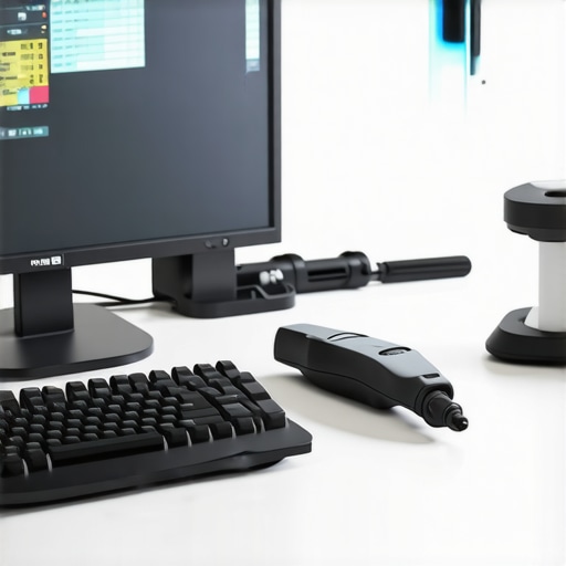 Professional Workstation Maintenance Tools A colorimeter and electric duster being used to maintain a high-end workstation PC setup.