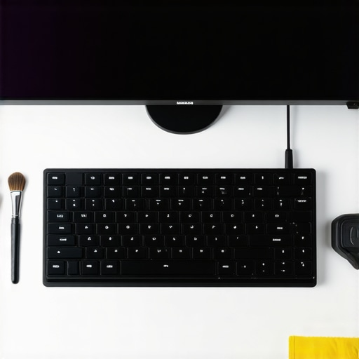 Professional Workstation Maintenance Tools Close up of a clean workstation with keyboard and monitor calibration tools.