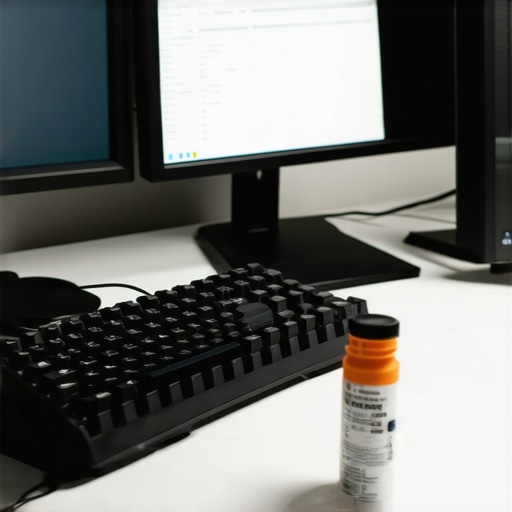 A desk showing a colorimeter calibrating a monitor and keyboard cleaning tools