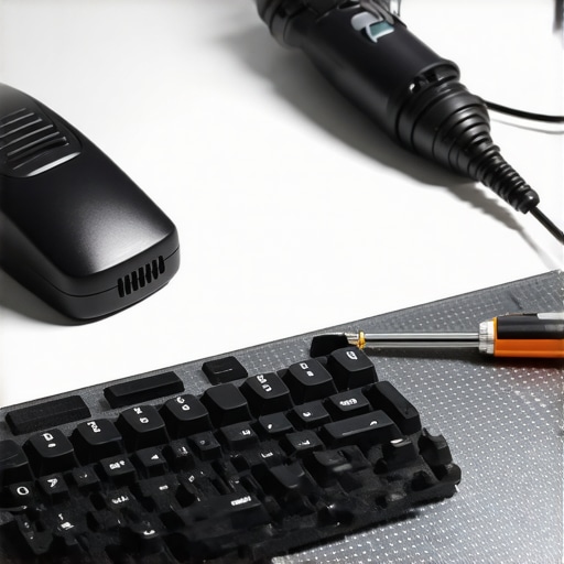 Electric air duster and precision tools for maintaining a high-end workstation PC and mechanical keyboard.