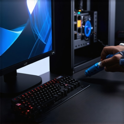 A person calibrating a professional monitor and cleaning a high-end workstation PC.