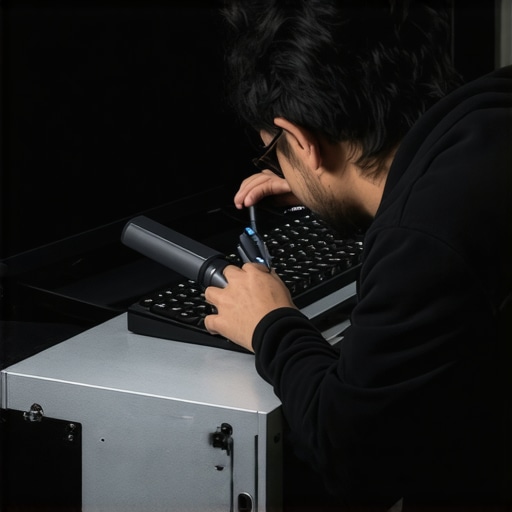 Technician calibrating professional monitors and cleaning a mechanical keyboard