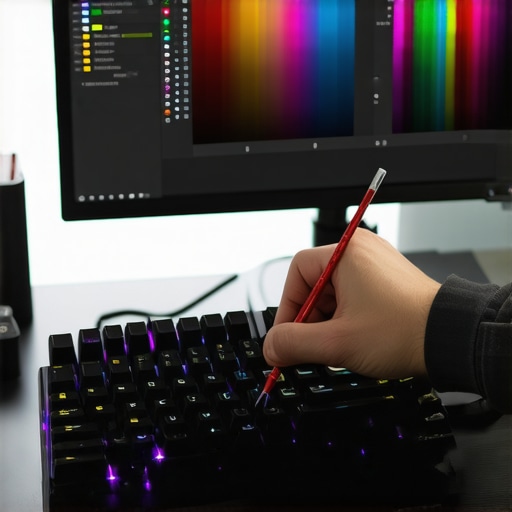 Professional Workstation Maintenance and Calibration Close up of a professional cleaning a mechanical keyboard and calibrating a monitor for workstation maintenance.