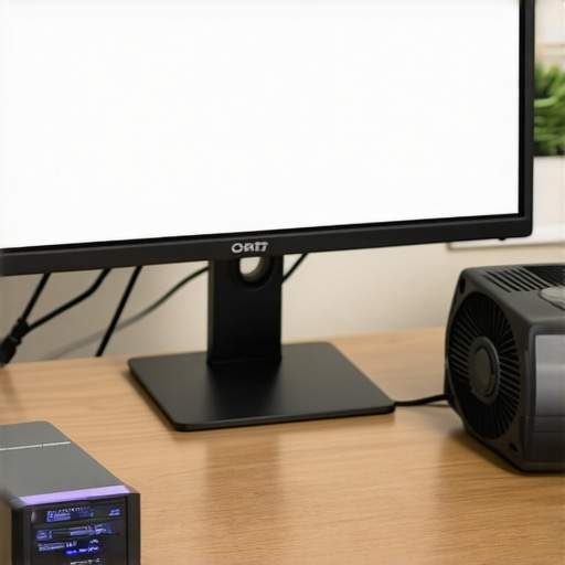 A colorimeter tool attached to a professional monitor for hardware color calibration next to workstation maintenance gear.