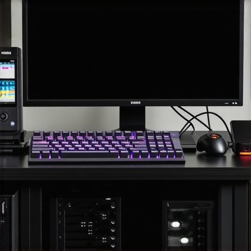 Professional Workstation Maintenance and Calibration Tools A colorimeter calibrating a professional monitor alongside a mechanical keyboard and a high-performance PC workstation.
