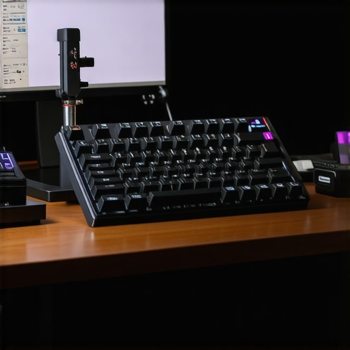 Professional Workstation Maintenance and Calibration Tools Close up of a monitor colorimeter and mechanical keyboard cleaning process on a professional desk.