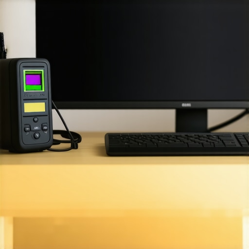 A professional PC setup being maintained with a colorimeter on the monitor and clean internal components.