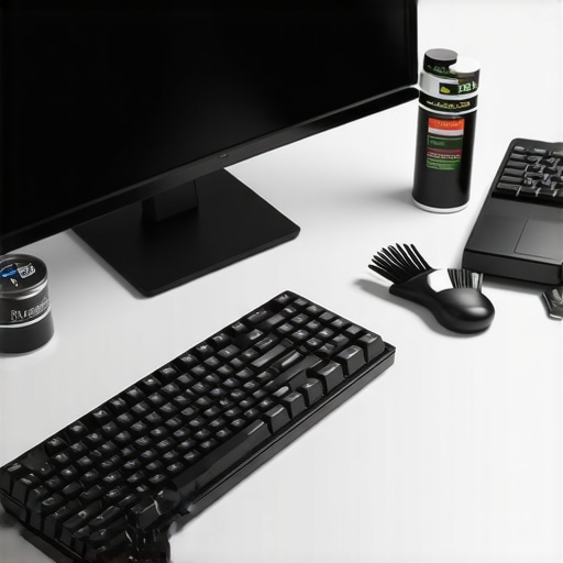 Professional Workstation Maintenance and Calibration Tools A person calibrating a professional monitor and cleaning a mechanical keyboard.